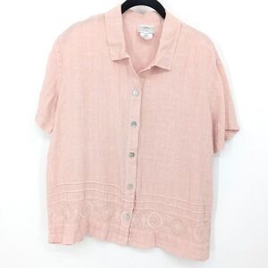 Hot Cotton Linen Top Embroidered Short Sleeve Womens Medium Pink Button Up Top